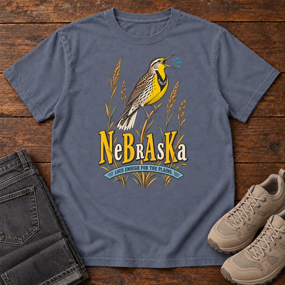 Nebraska Loud Enough for the Plains Meadowlark T-Shirt in Denim