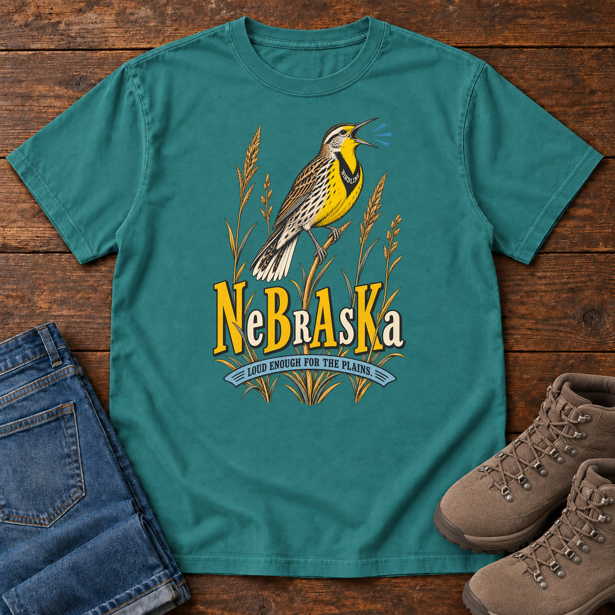 Nebraska Loud Enough for the Plains Meadowlark T-Shirt in Emerald