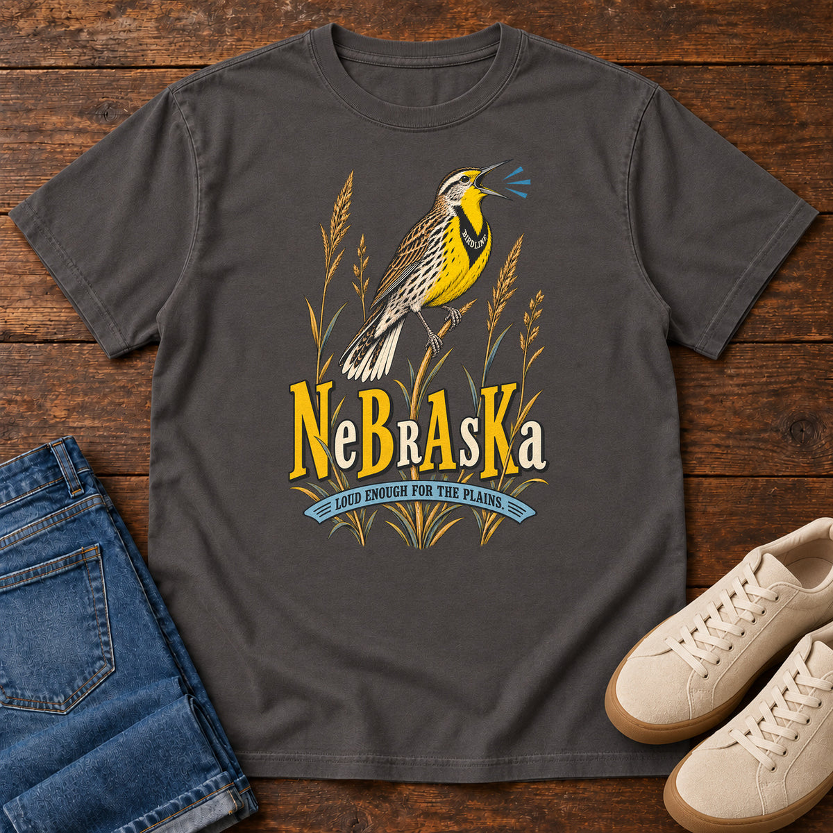 Nebraska Loud Enough for the Plains Meadowlark T-Shirt in Graphite