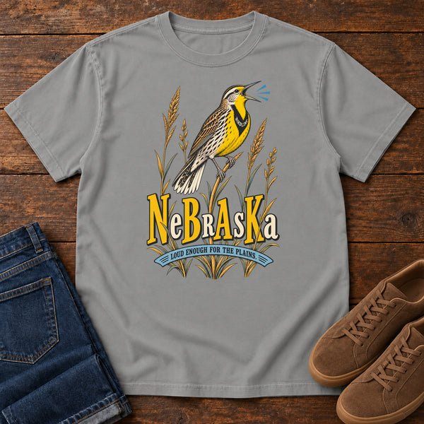 Nebraska Loud Enough for the Plains Meadowlark T-Shirt in Grey, front view