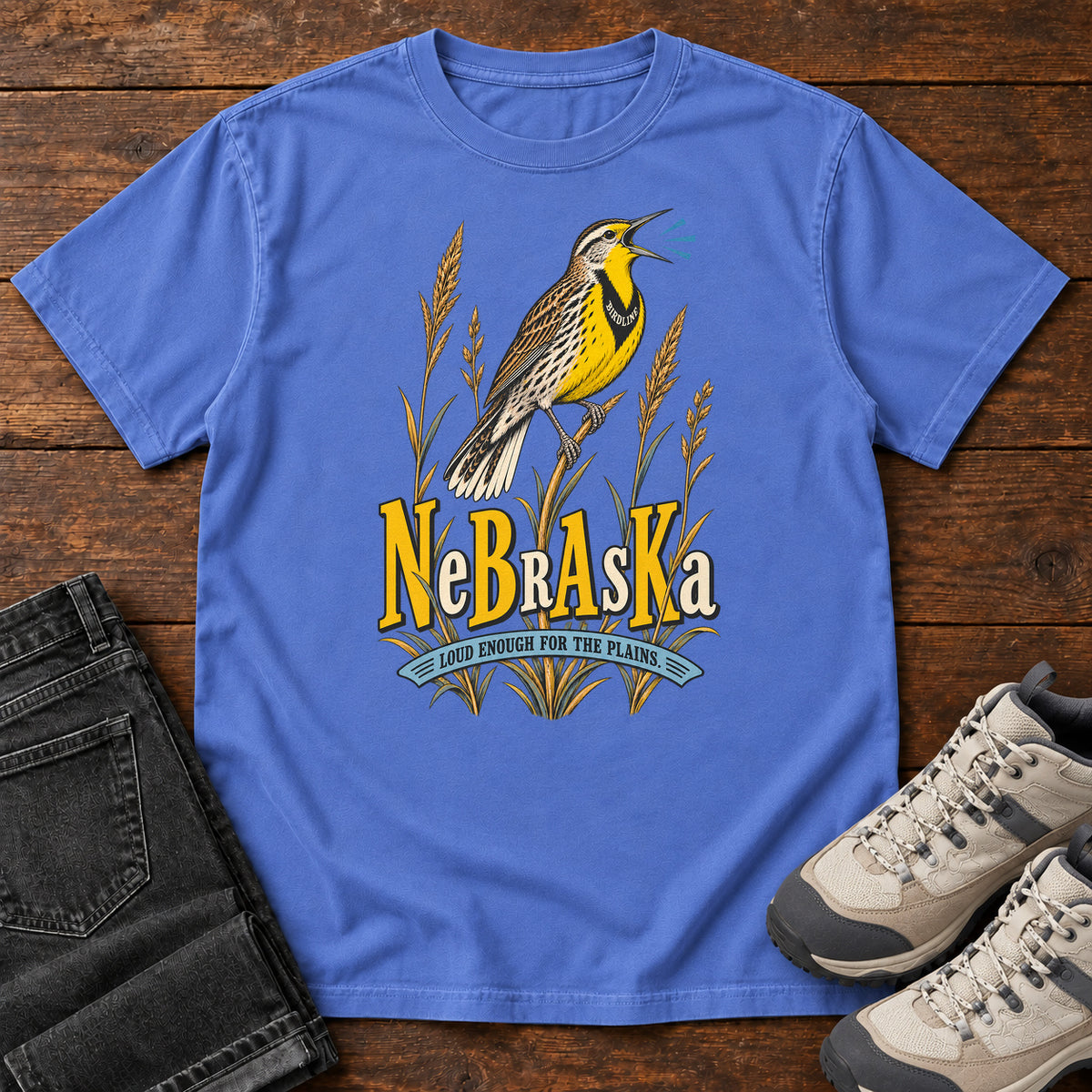 Nebraska Loud Enough for the Plains Meadowlark T-Shirt in Mystic Blue