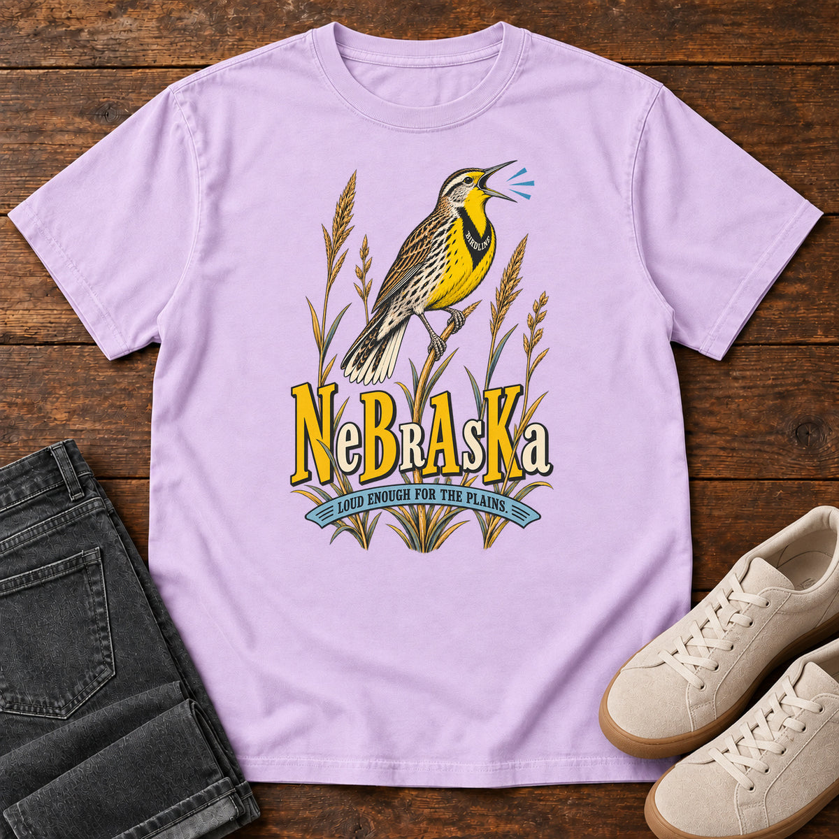 Nebraska Loud Enough for the Plains Meadowlark T-Shirt in Orchid