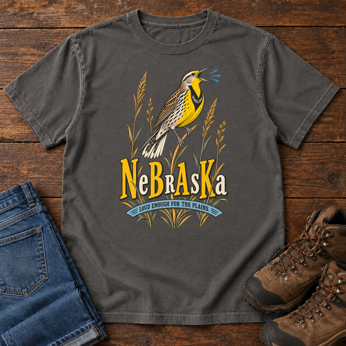 Nebraska Loud Enough for the Plains Meadowlark T-Shirt in Pepper