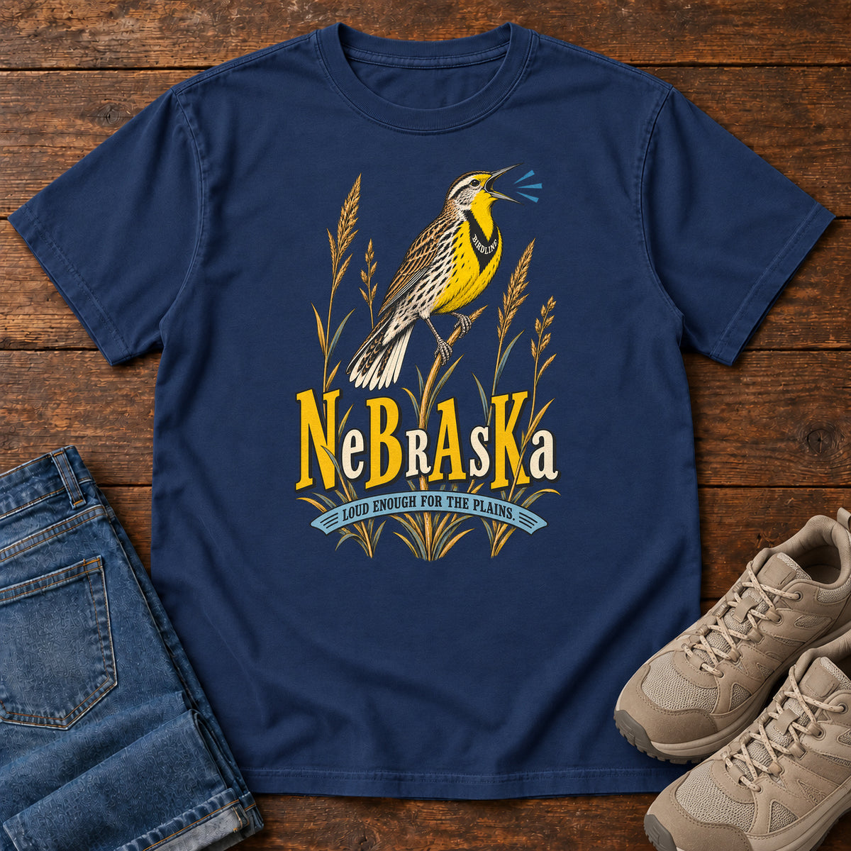 Nebraska Loud Enough for the Plains Meadowlark T-Shirt in True Navy