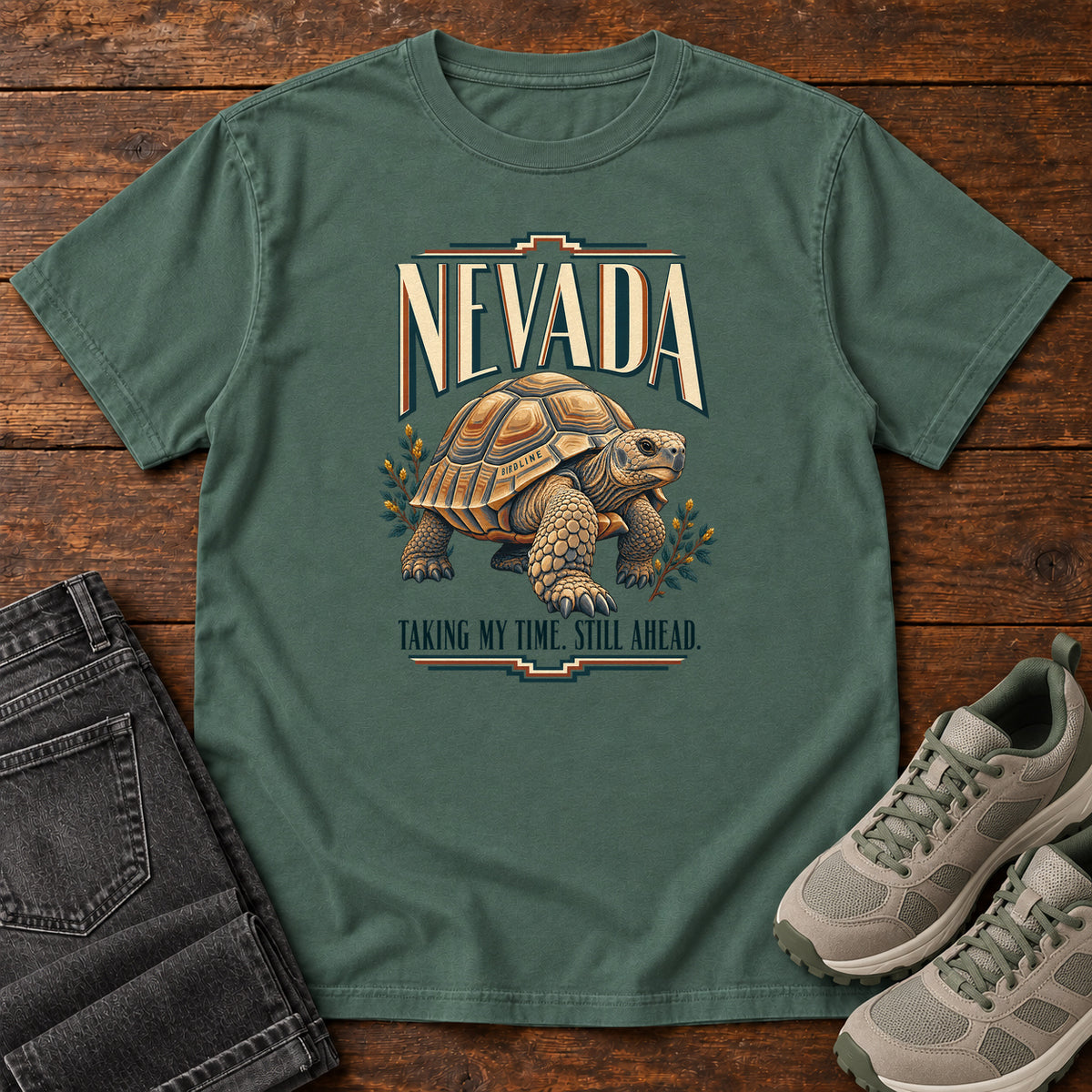 Nevada Taking My Time Still Ahead Tortoise T-Shirt in Blue Spruce