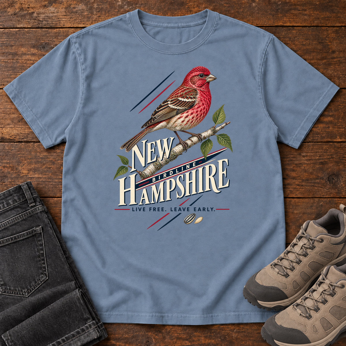 New Hampshire Live Free Leave Early Finch T-Shirt in Blue Jean