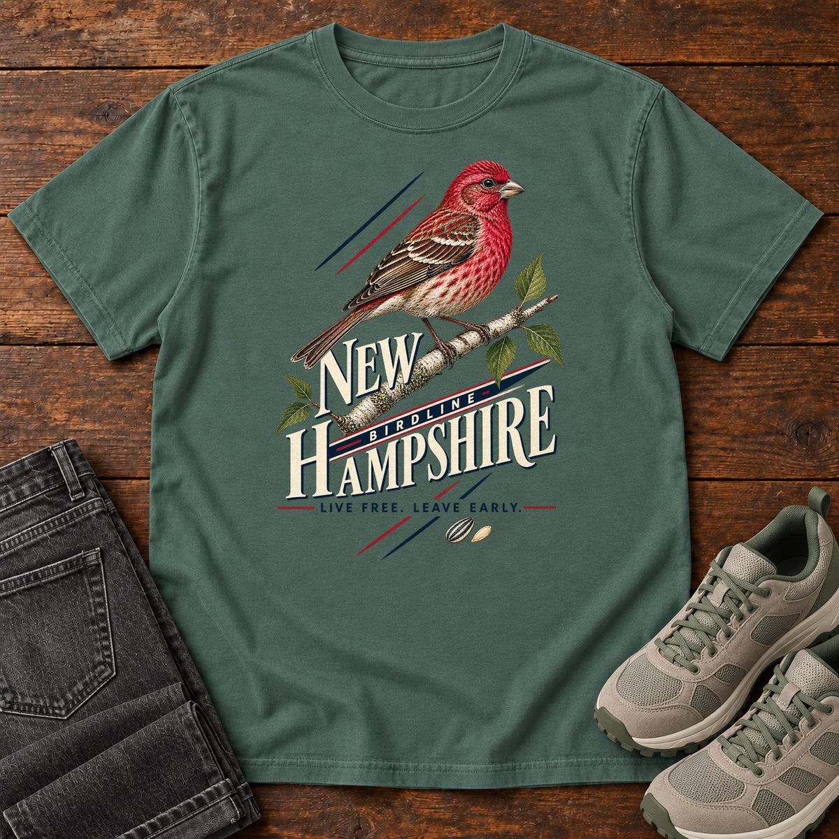 New Hampshire Live Free Leave Early Finch T-Shirt in Blue Spruce