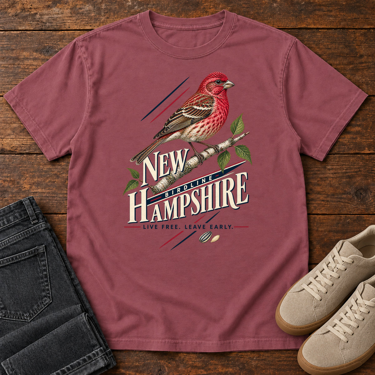New Hampshire Live Free Leave Early Finch T-Shirt in Brick