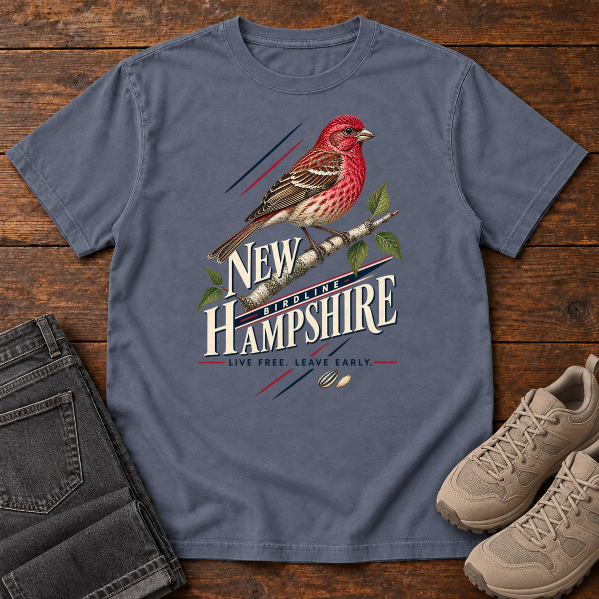 New Hampshire Live Free Leave Early Finch T-Shirt in Denim