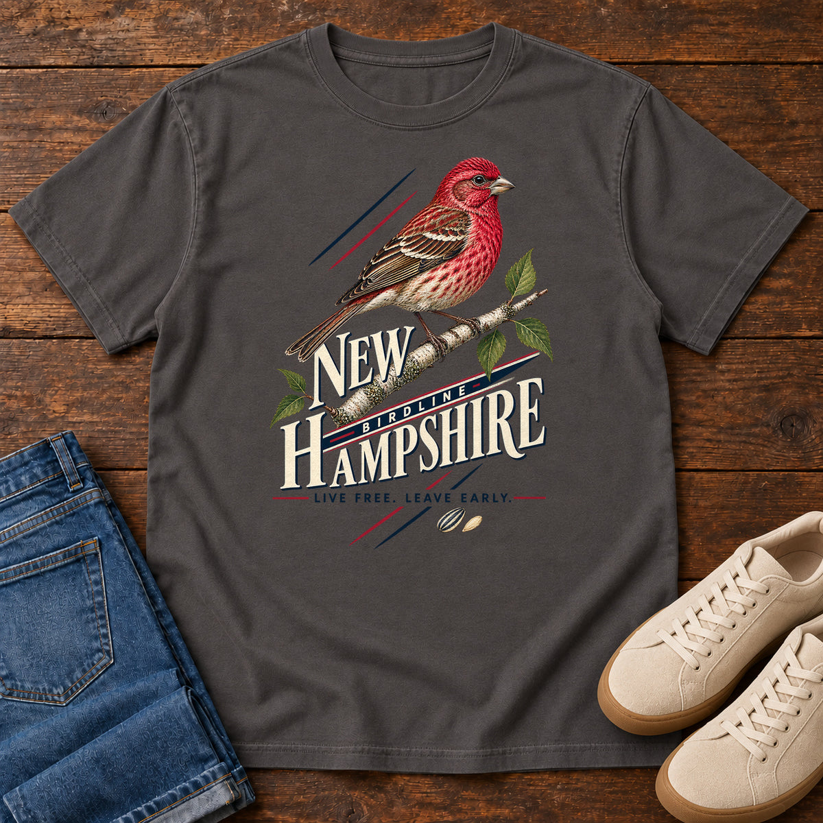 New Hampshire Live Free Leave Early Finch T-Shirt in Graphite
