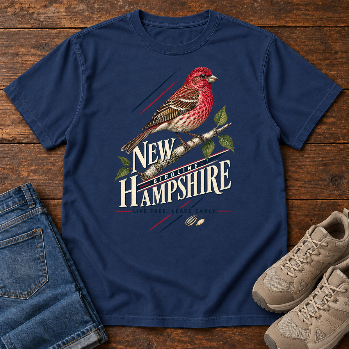 New Hampshire Live Free Leave Early Finch T-Shirt in True Navy
