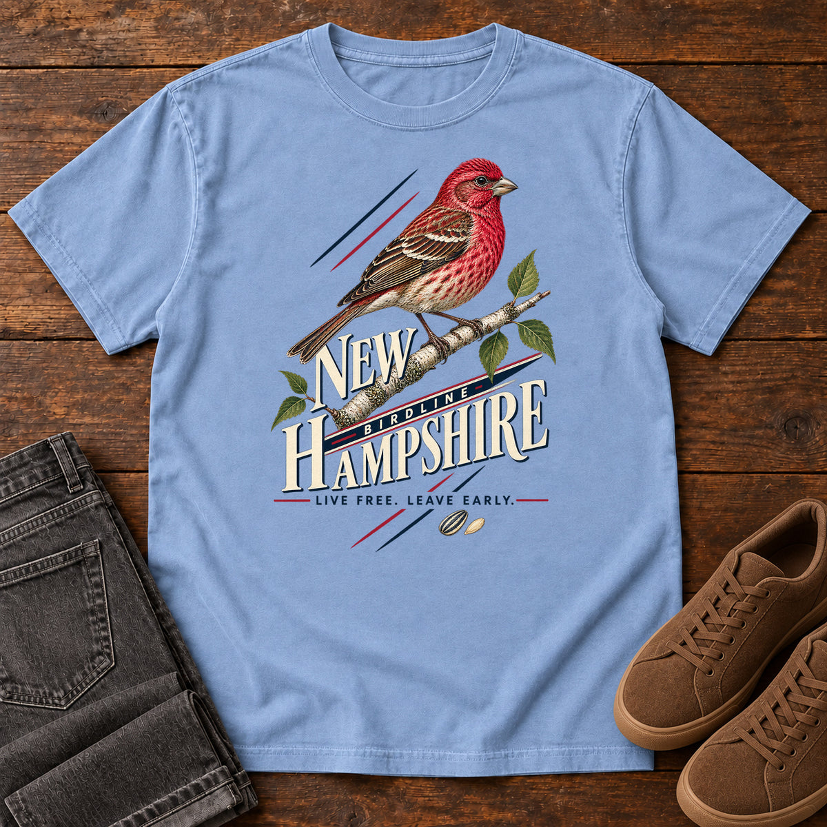 New Hampshire Live Free Leave Early Finch T-Shirt in Washed Denim