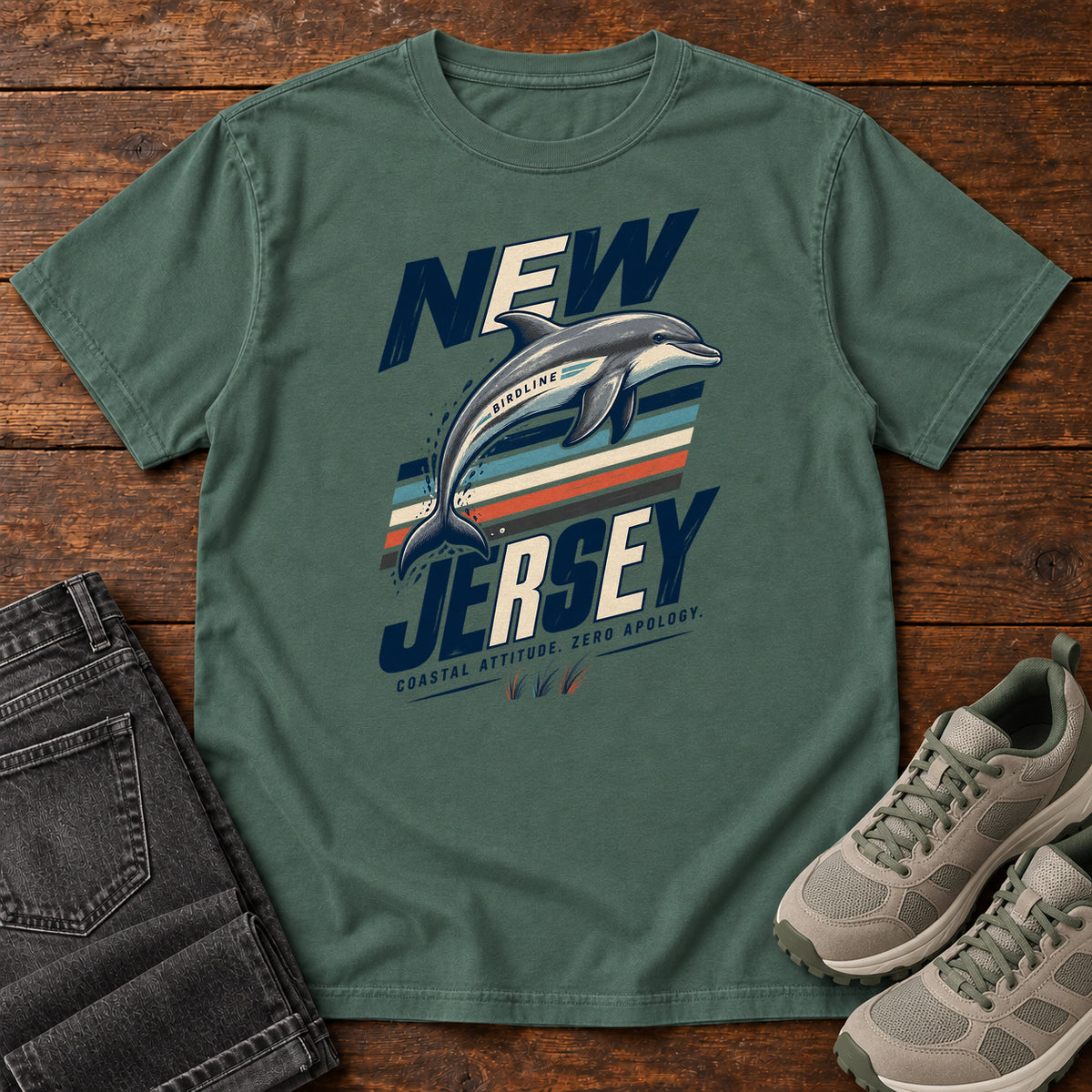 New Jersey Coastal Attitude Zero Regret Dolphin T-Shirt in Blue Spruce