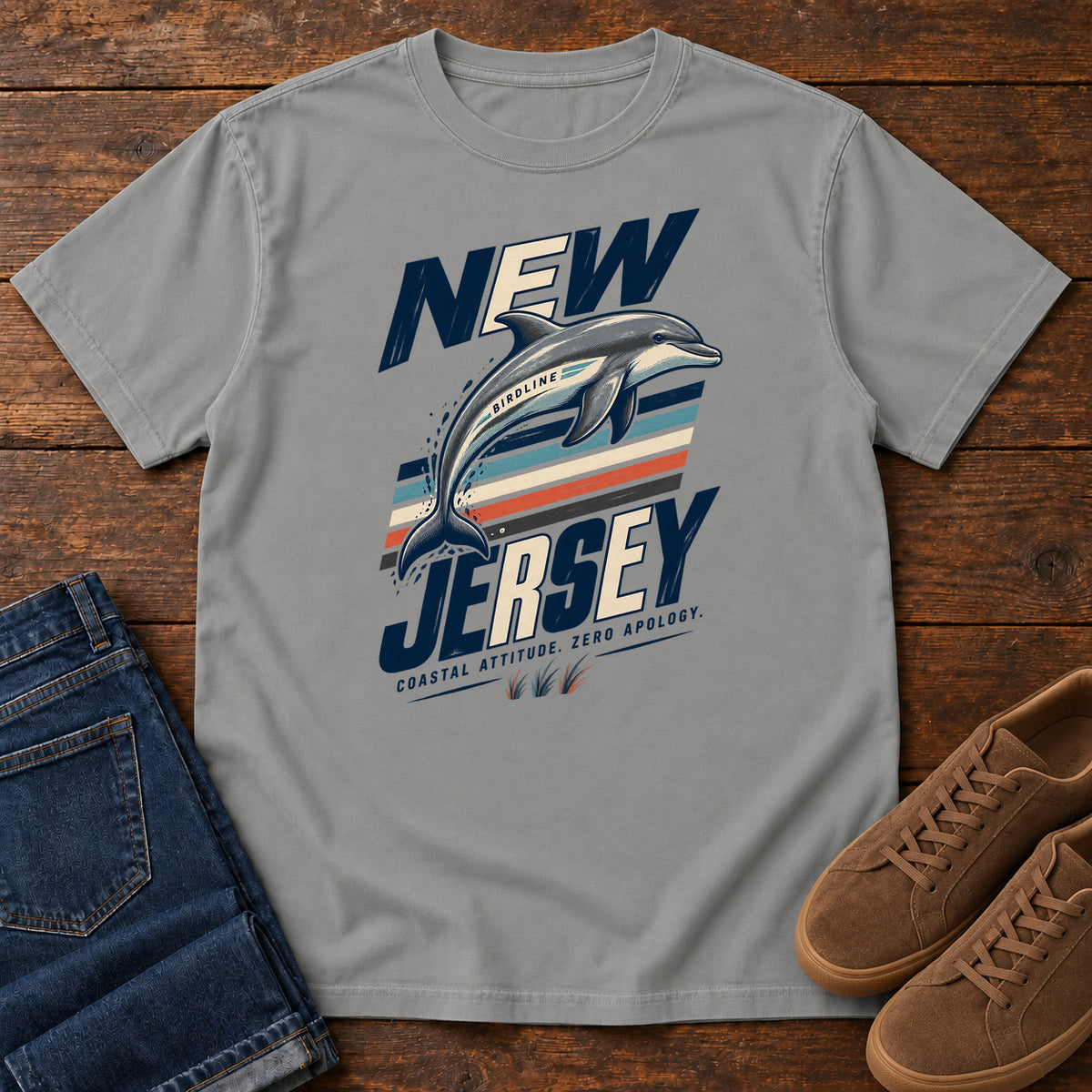 New Jersey Coastal Attitude Zero Regret Dolphin T-Shirt in Grey