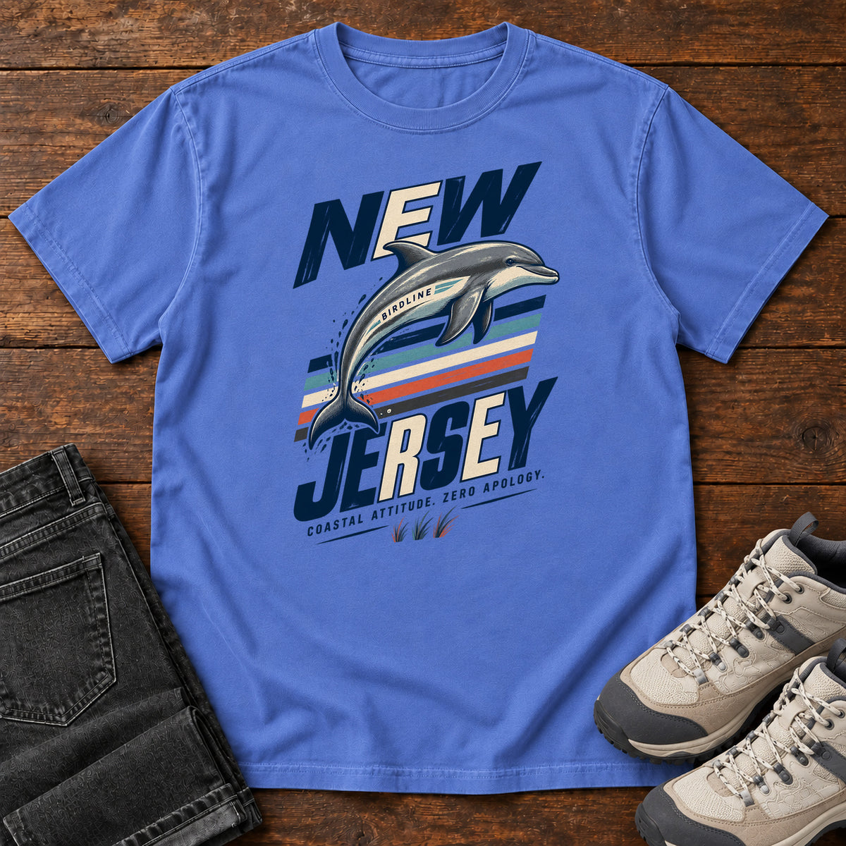 New Jersey Coastal Attitude Zero Regret Dolphin T-Shirt in Mystic Blue
