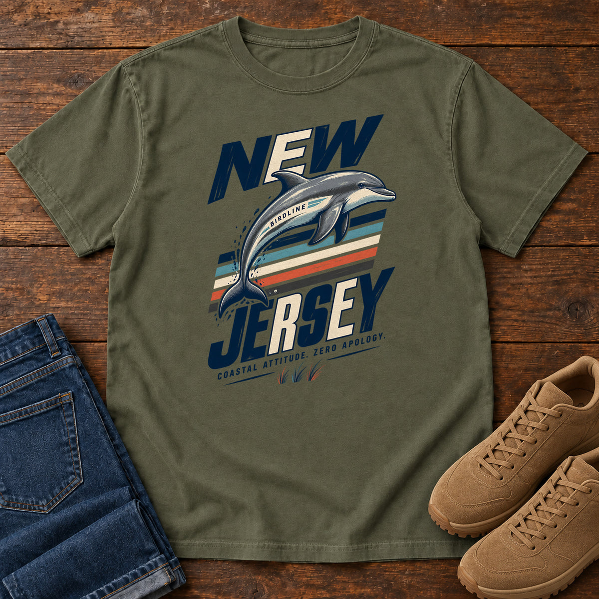 New Jersey Coastal Attitude Zero Regret Dolphin T-Shirt in Sage