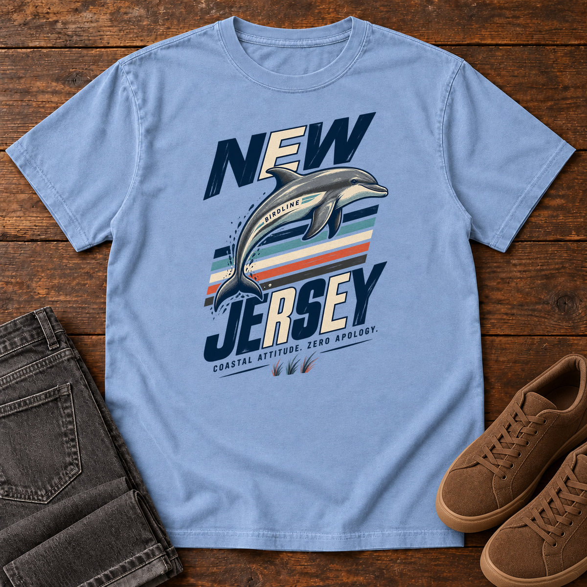 New Jersey Coastal Attitude Zero Regret Dolphin T-Shirt in Washed Denim