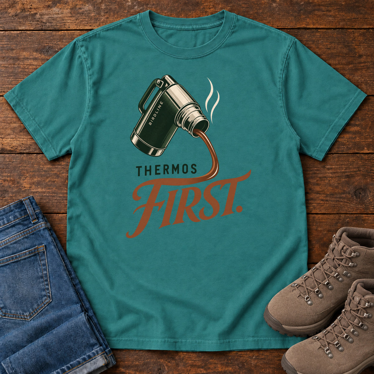 Emerald Thermos First T-Shirt with a green thermos pouring a steaming drink into rust-colored script, front flat lay on wood.