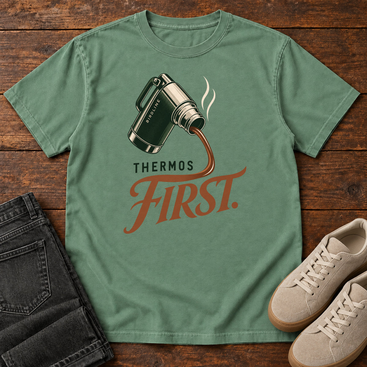 Light Green Thermos First T-Shirt with a green thermos pouring a steaming drink into rust-colored script, front flat lay on wood.