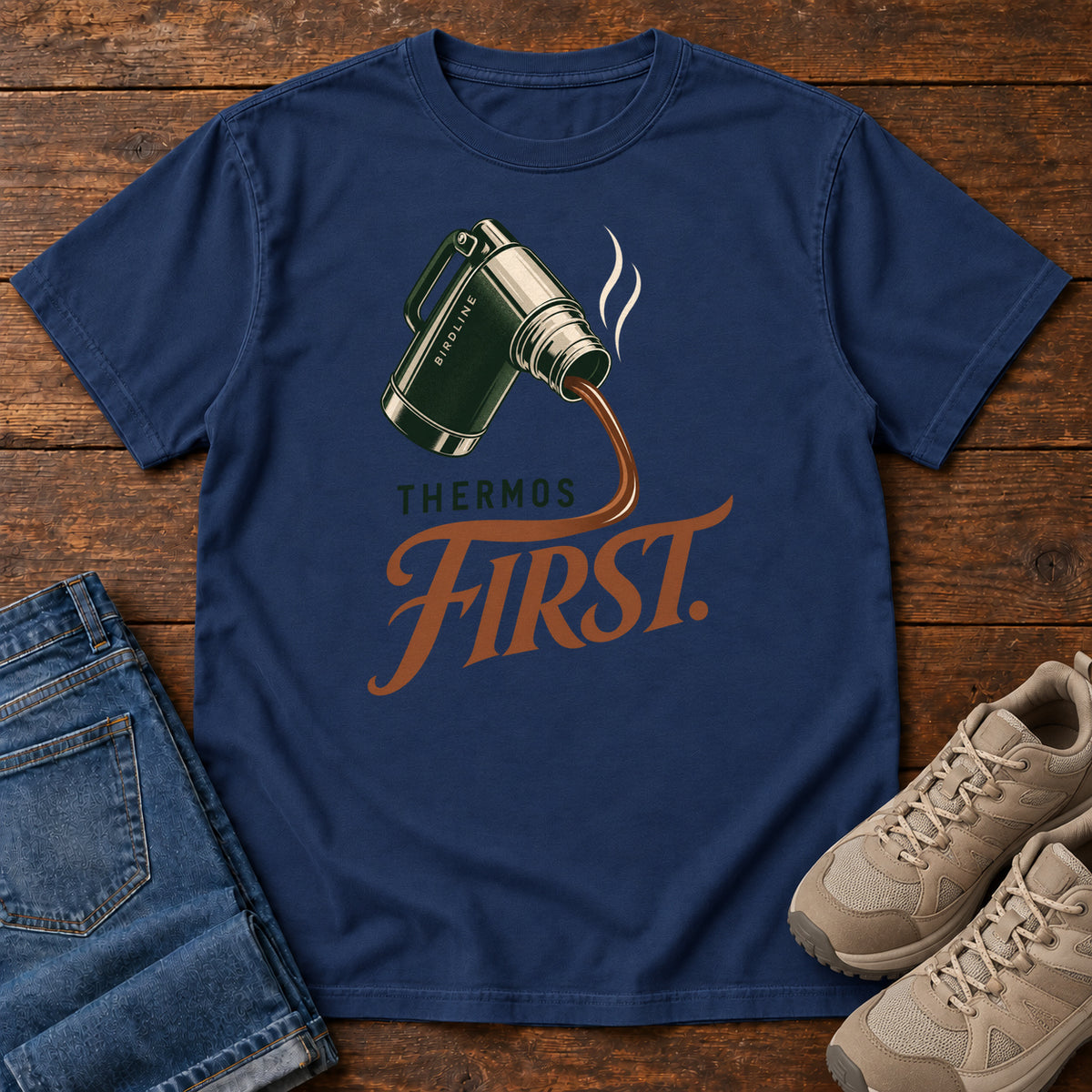 True Navy Thermos First T-Shirt with a green thermos pouring a steaming drink into rust-colored script, front flat lay on wood.
