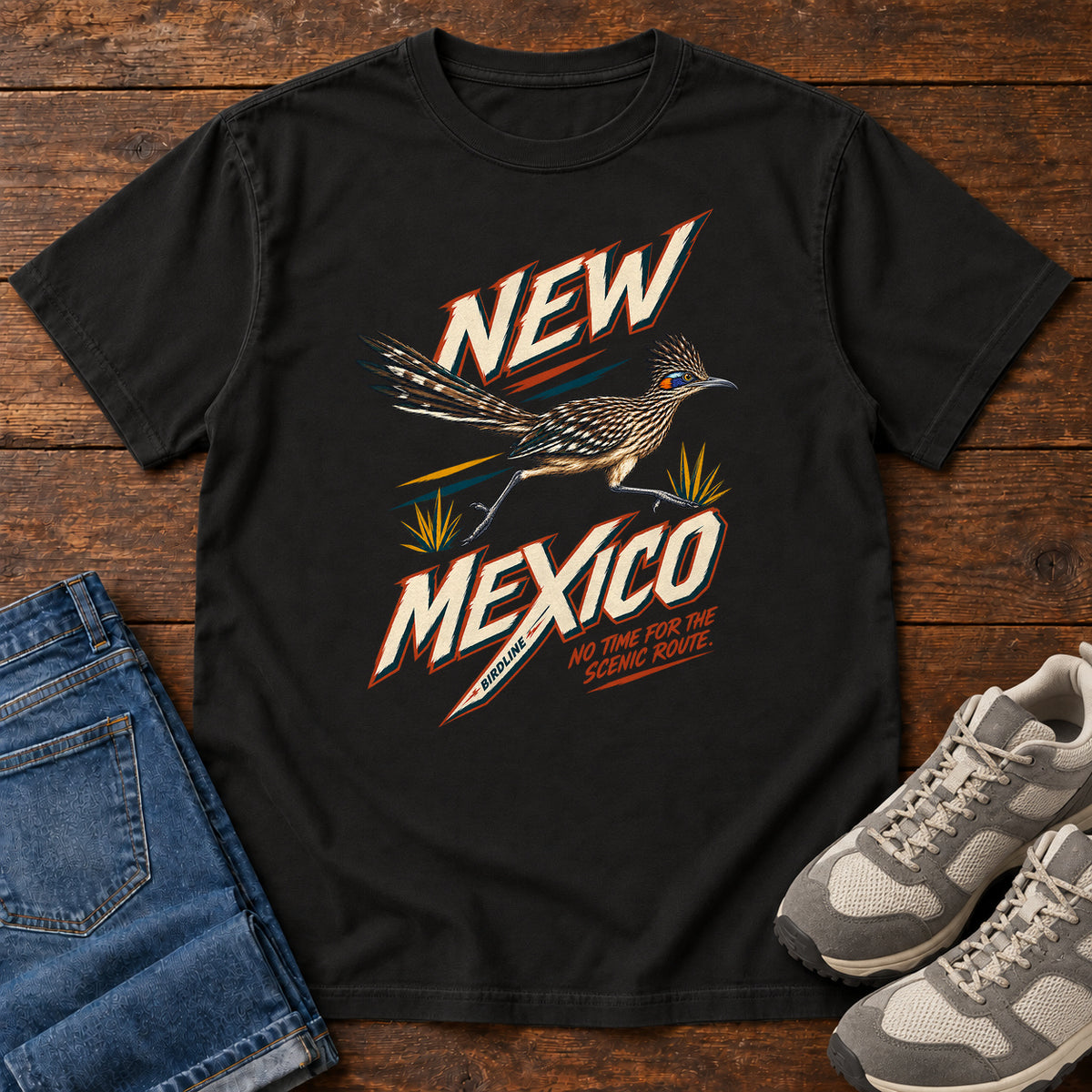 New Mexico No Time for the Scenic Route Roadrunner T-Shirt in Black