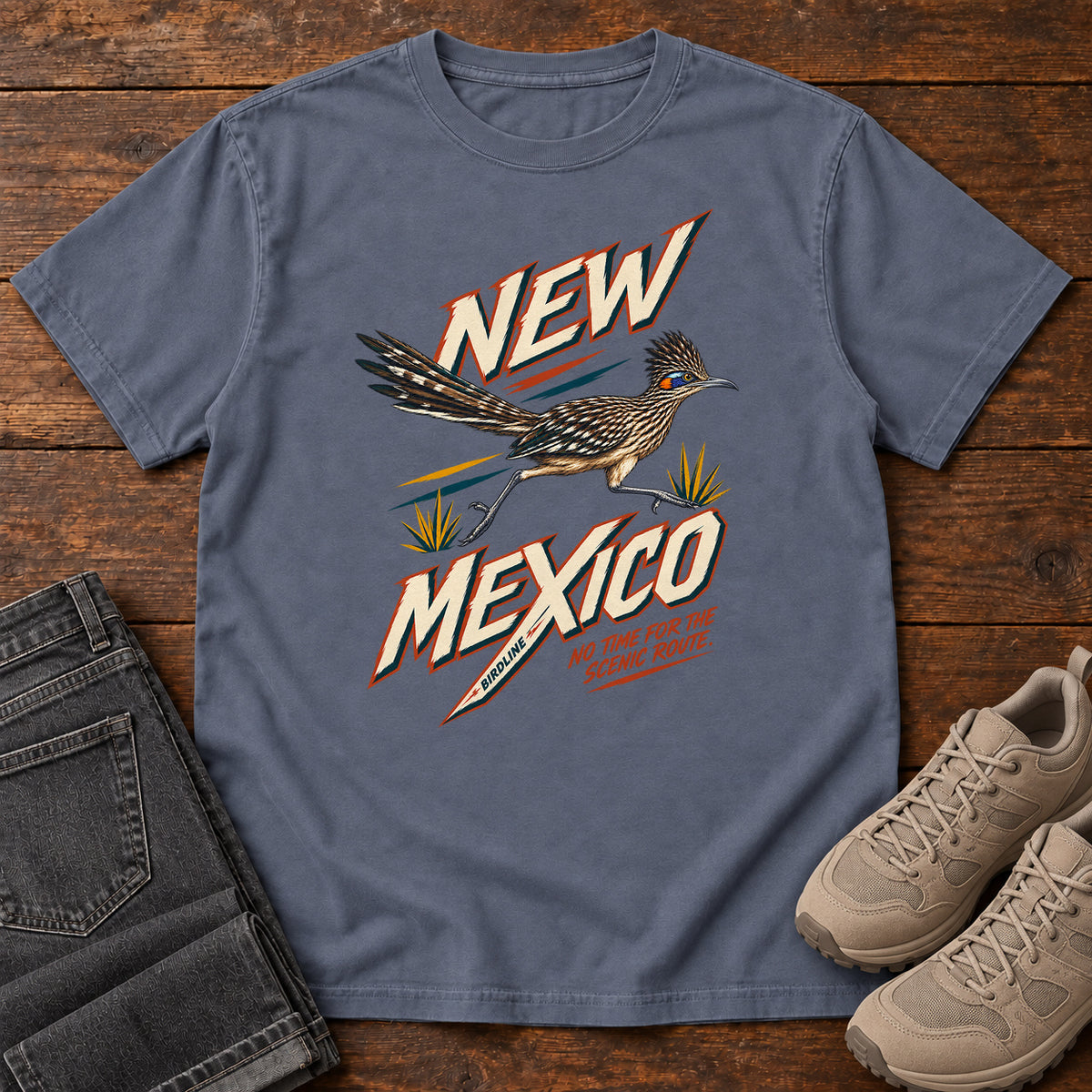 New Mexico No Time for the Scenic Route Roadrunner T-Shirt in Denim