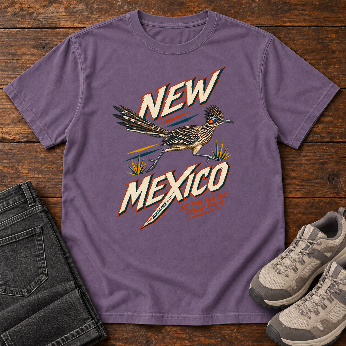 New Mexico No Time for the Scenic Route Roadrunner T-Shirt in Grape