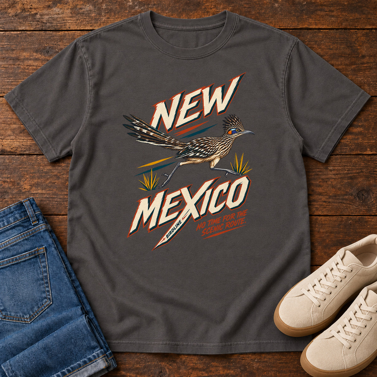 New Mexico No Time for the Scenic Route Roadrunner T-Shirt in Graphite