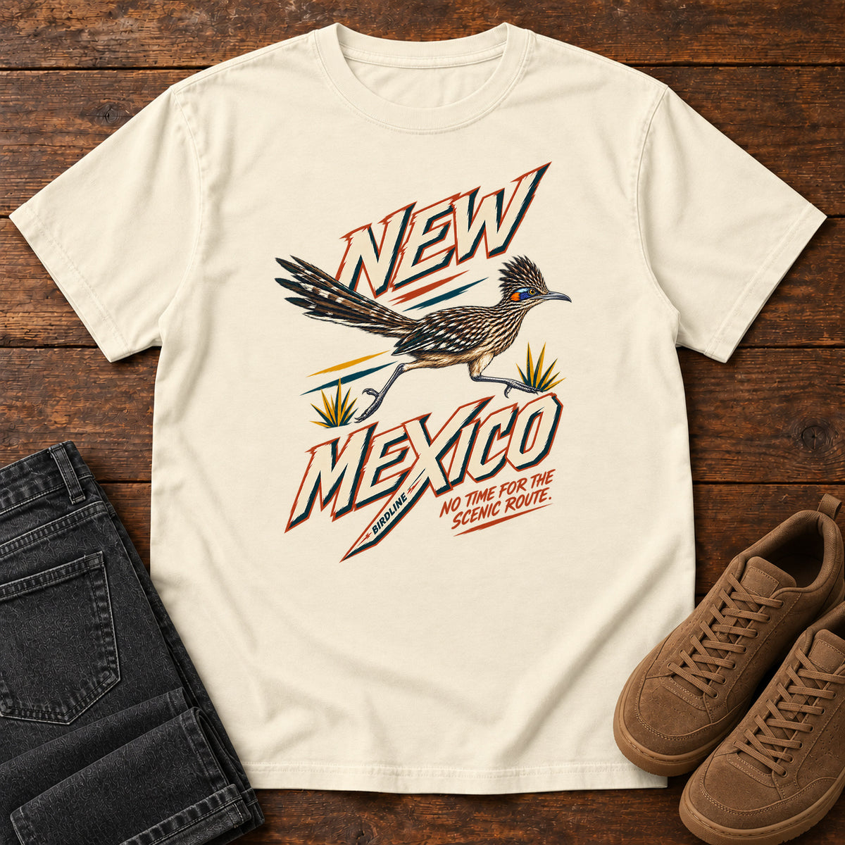 New Mexico No Time for the Scenic Route Roadrunner T-Shirt in Ivory