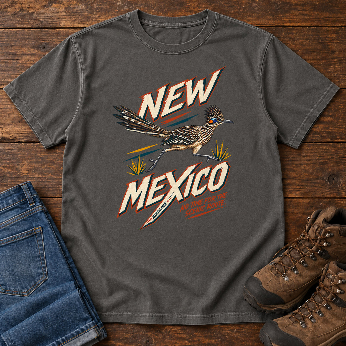 New Mexico No Time for the Scenic Route Roadrunner T-Shirt in Pepper