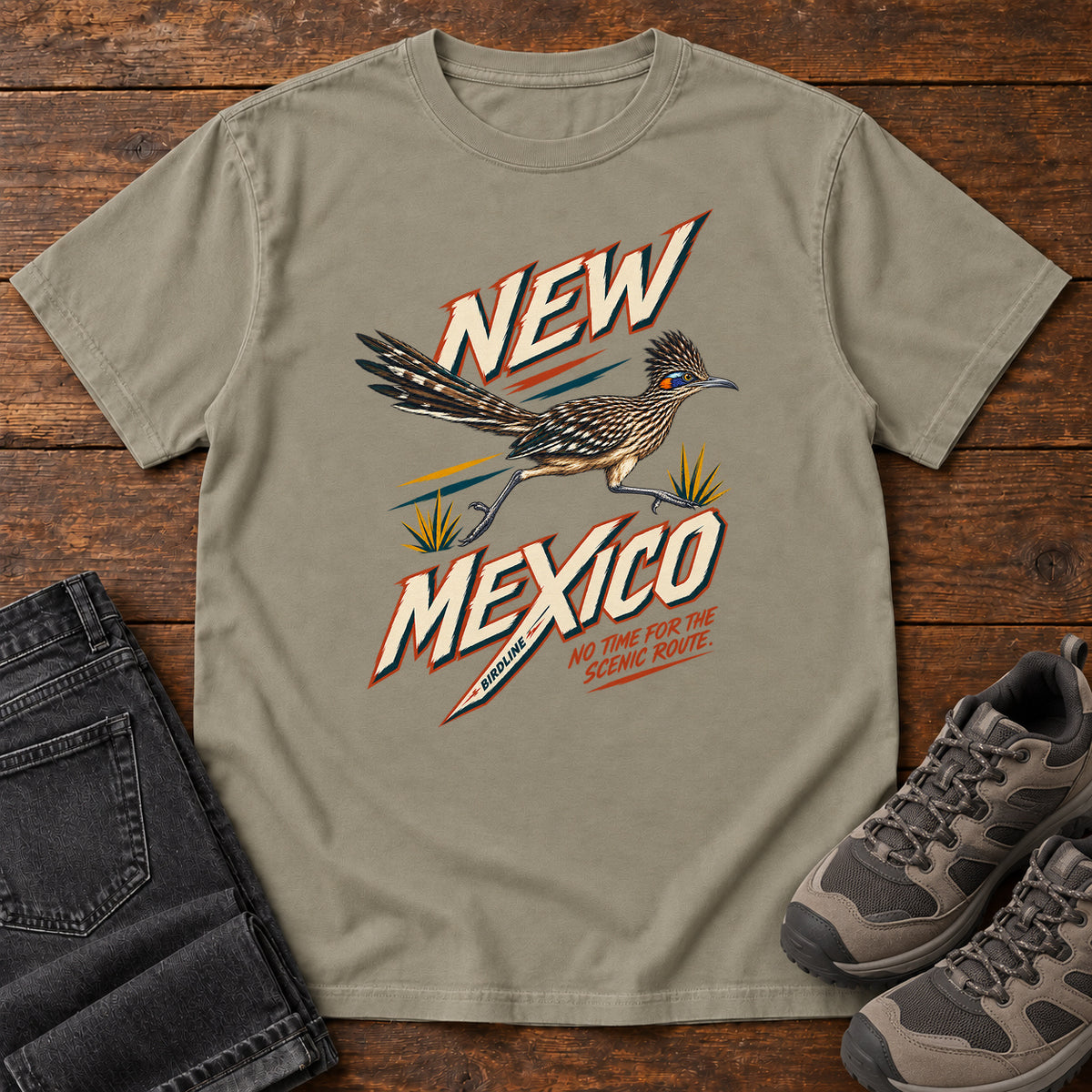 New Mexico No Time for the Scenic Route Roadrunner T-Shirt in Sandstone