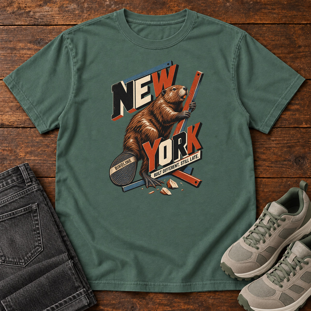 New York Built Different Still Late Beaver T-Shirt in Blue Spruce