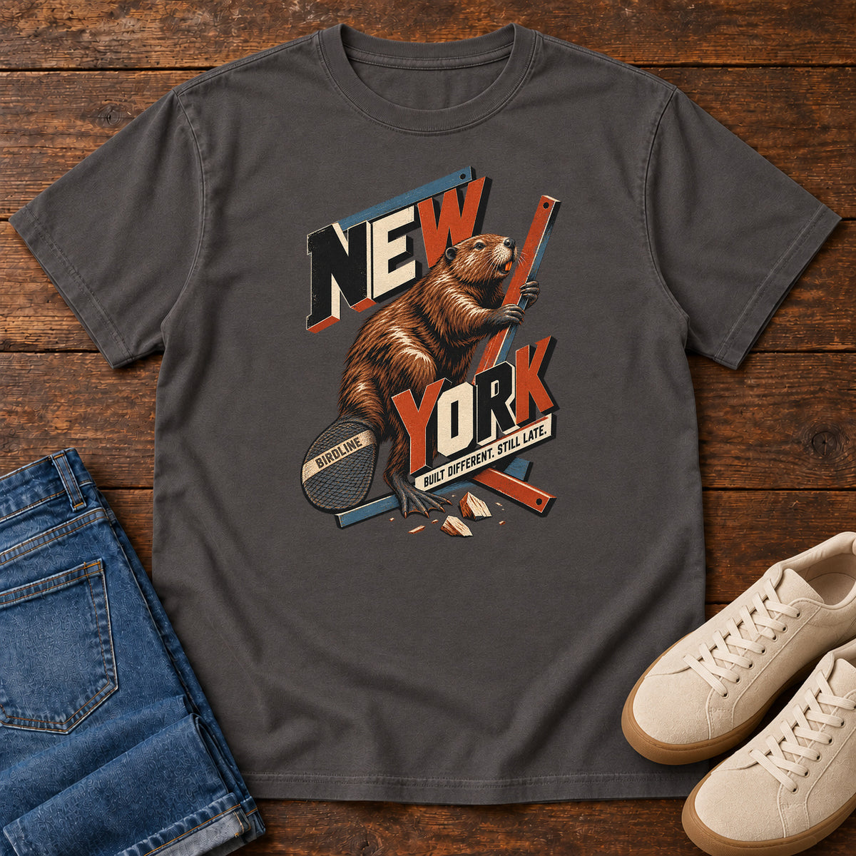 New York Built Different Still Late Beaver T-Shirt in Graphite