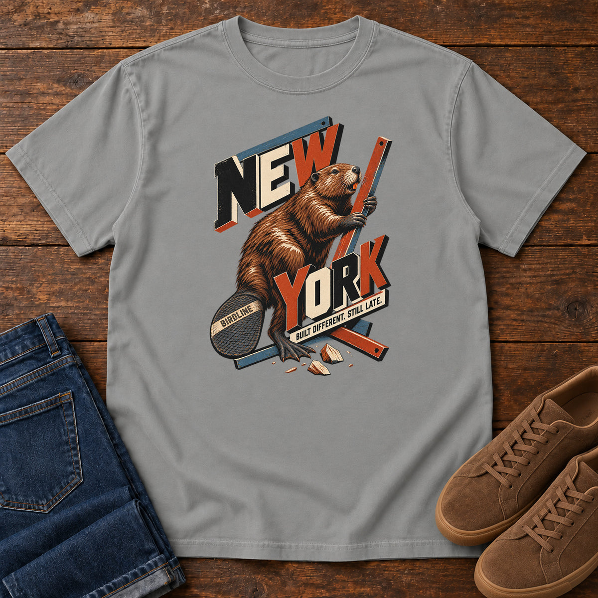 New York Built Different Still Late Beaver T-Shirt in Grey