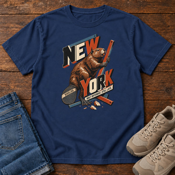 New York Built Different Still Late Beaver T-Shirt in True Navy, front view