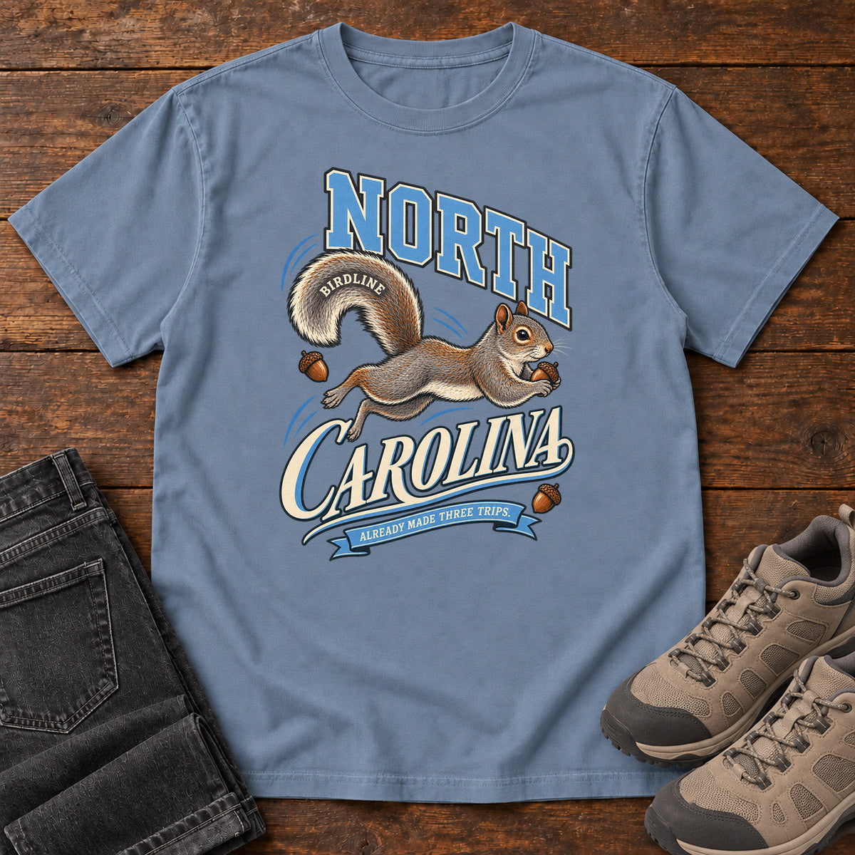 North Carolina Already Made Three Trips Squirrel T-Shirt in Blue Jean
