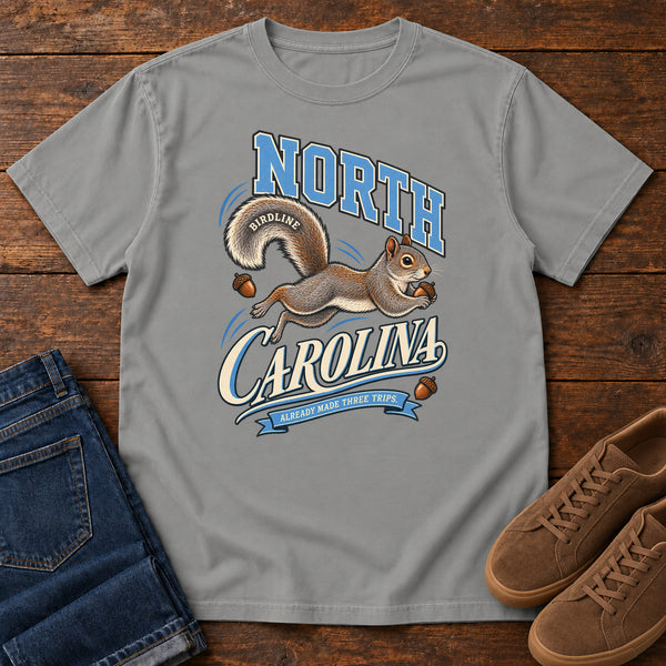 North Carolina Already Made Three Trips Squirrel T-Shirt in Grey, front view