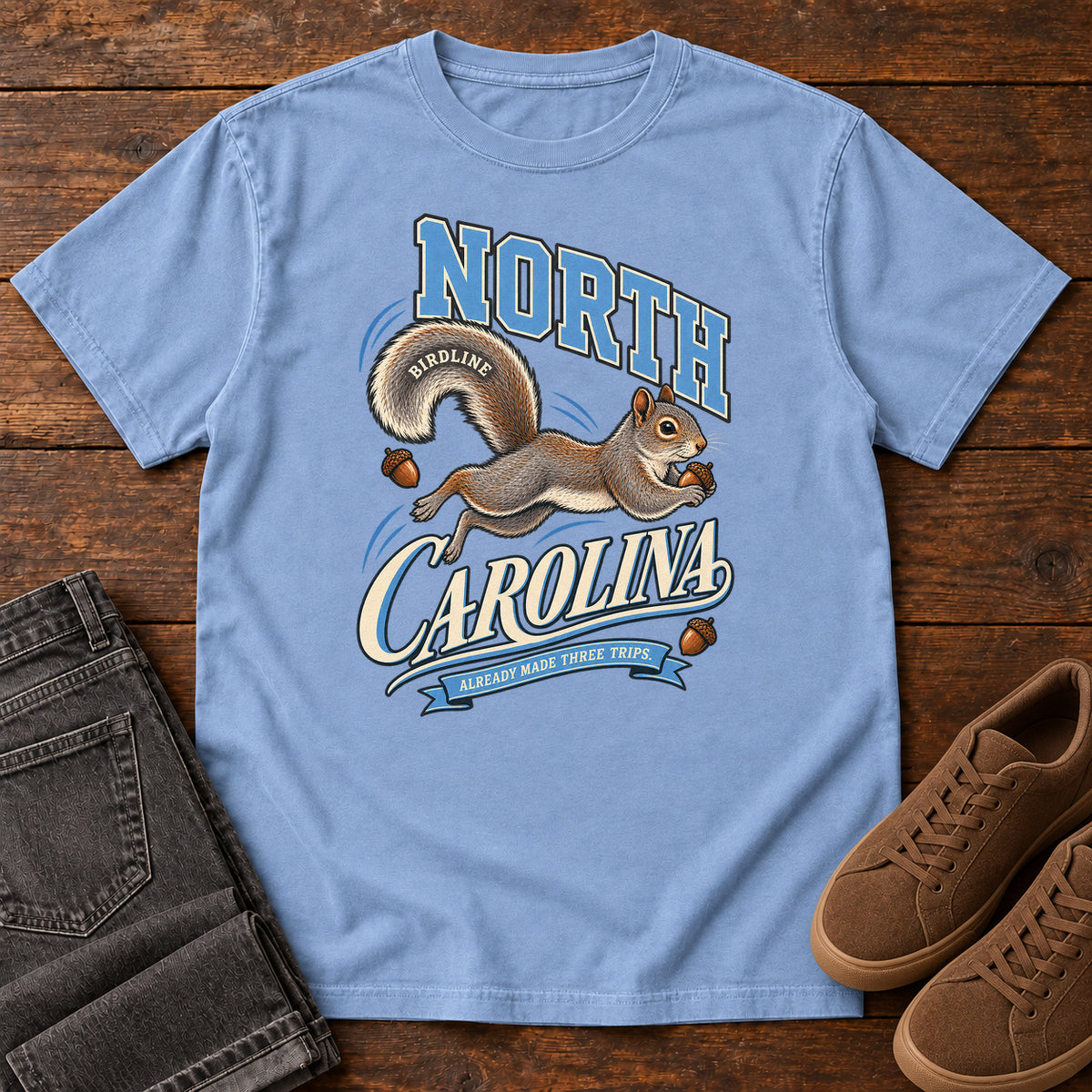 North Carolina Already Made Three Trips Squirrel T-Shirt in Washed Denim