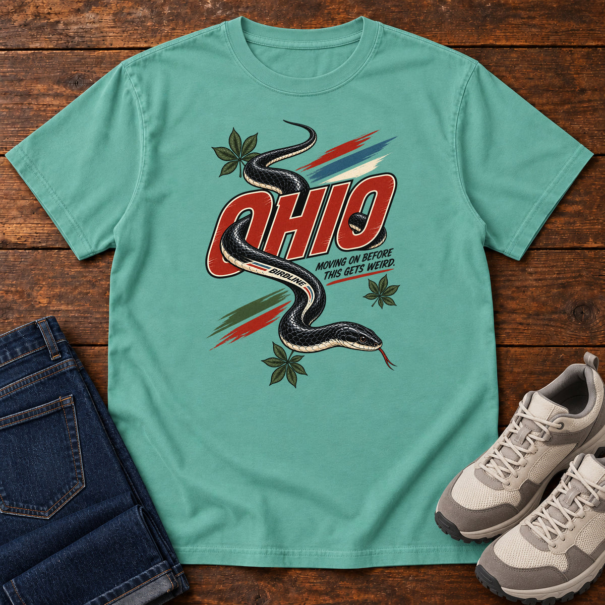 Ohio Moving on Before This Gets Weird Snake T-Shirt in Seafoam