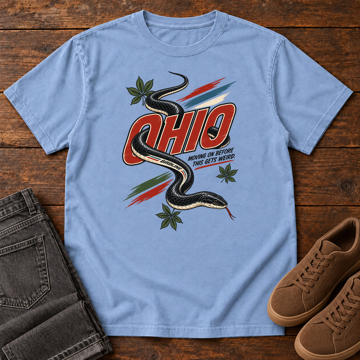 Ohio Moving on Before This Gets Weird Snake T-Shirt in Washed Denim