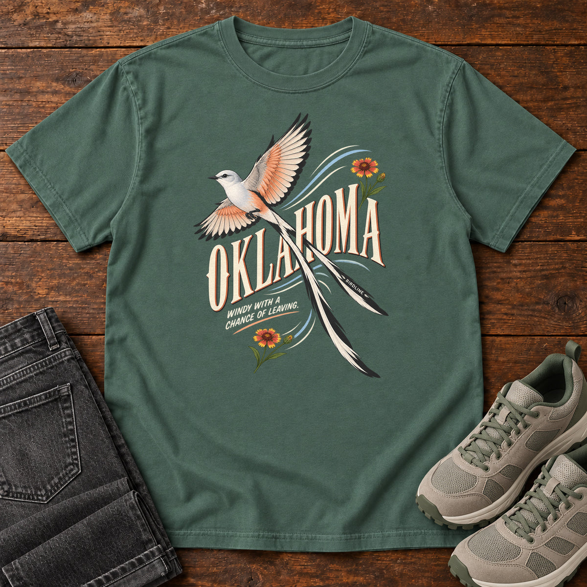 Oklahoma Wind with a Chance of Leaving Scissortail T-Shirt in Blue Spruce