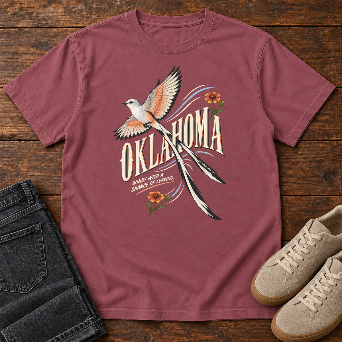 Oklahoma Wind with a Chance of Leaving Scissortail T-Shirt in Brick