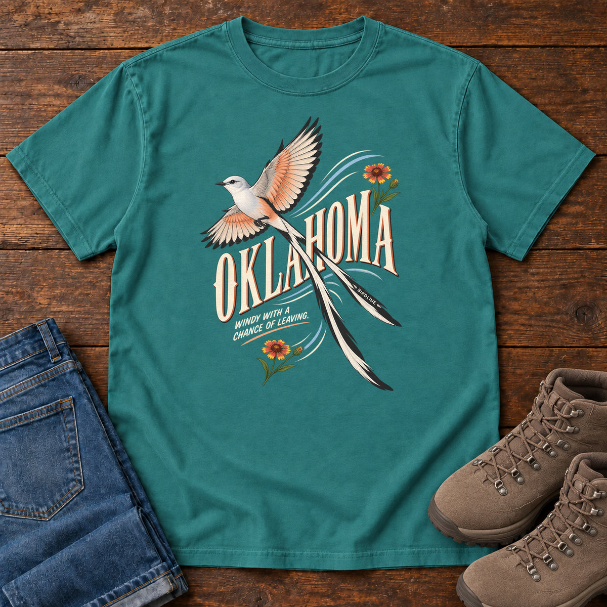 Oklahoma Wind with a Chance of Leaving Scissortail T-Shirt in Emerald