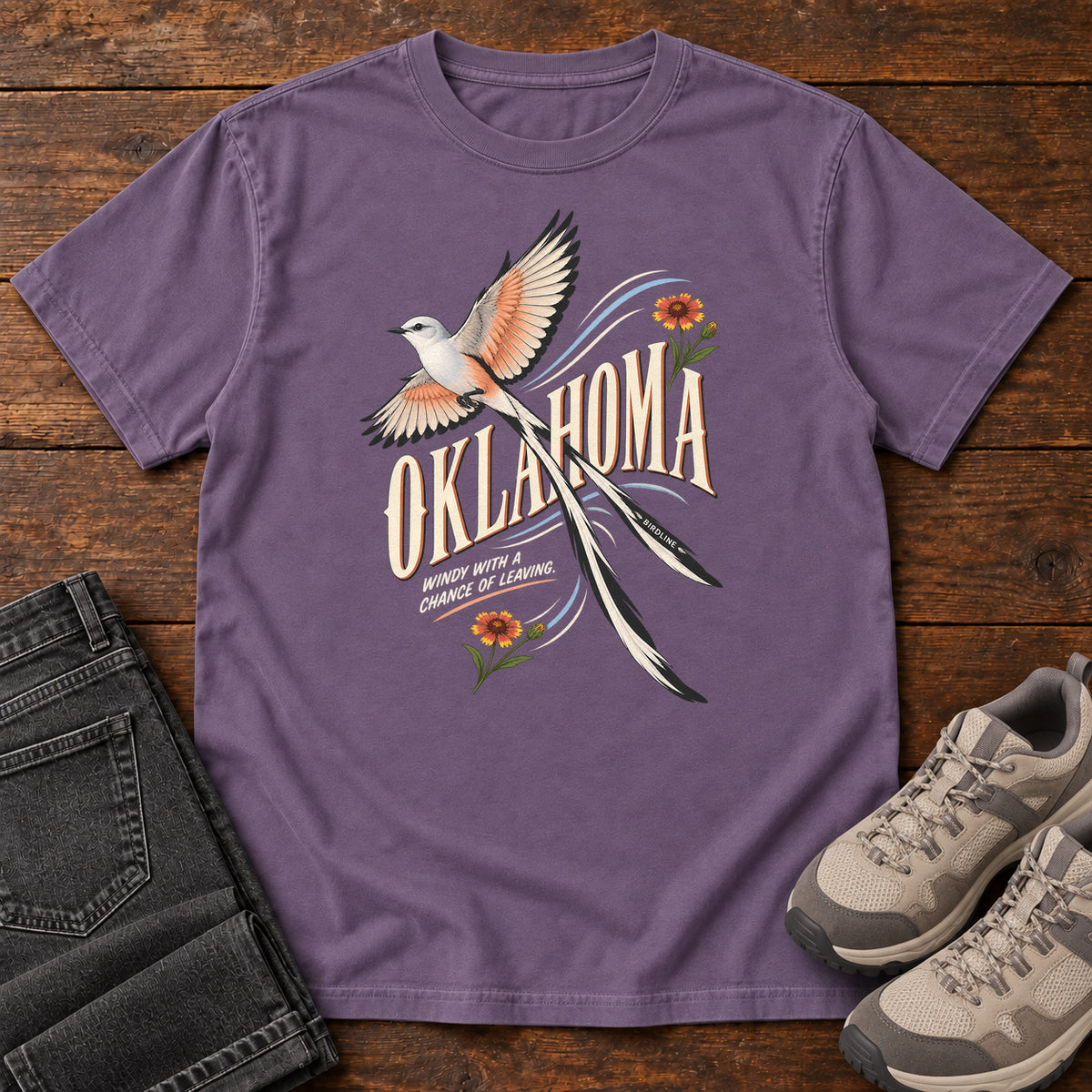 Oklahoma Wind with a Chance of Leaving Scissortail T-Shirt in Grape