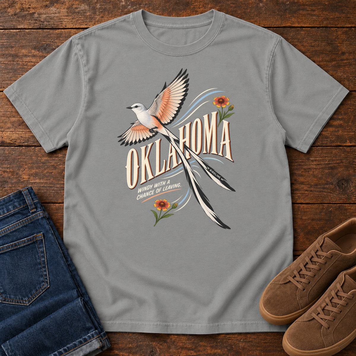 Oklahoma Wind with a Chance of Leaving Scissortail T-Shirt in Grey