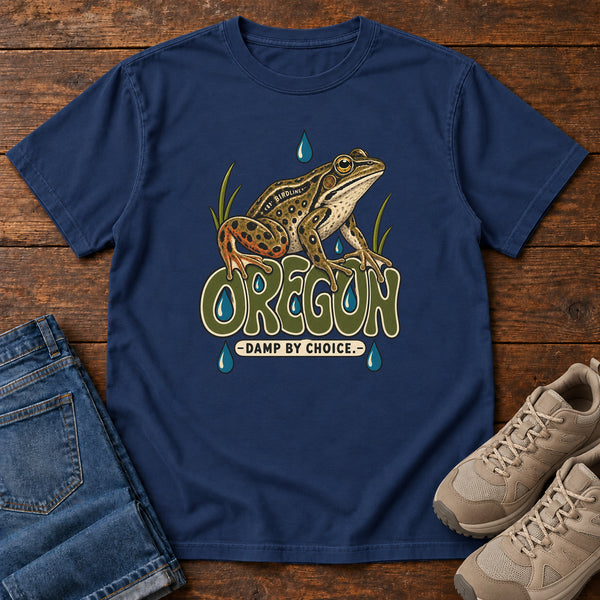 Oregon Damp by Choice Frog T-Shirt in True Navy, front view