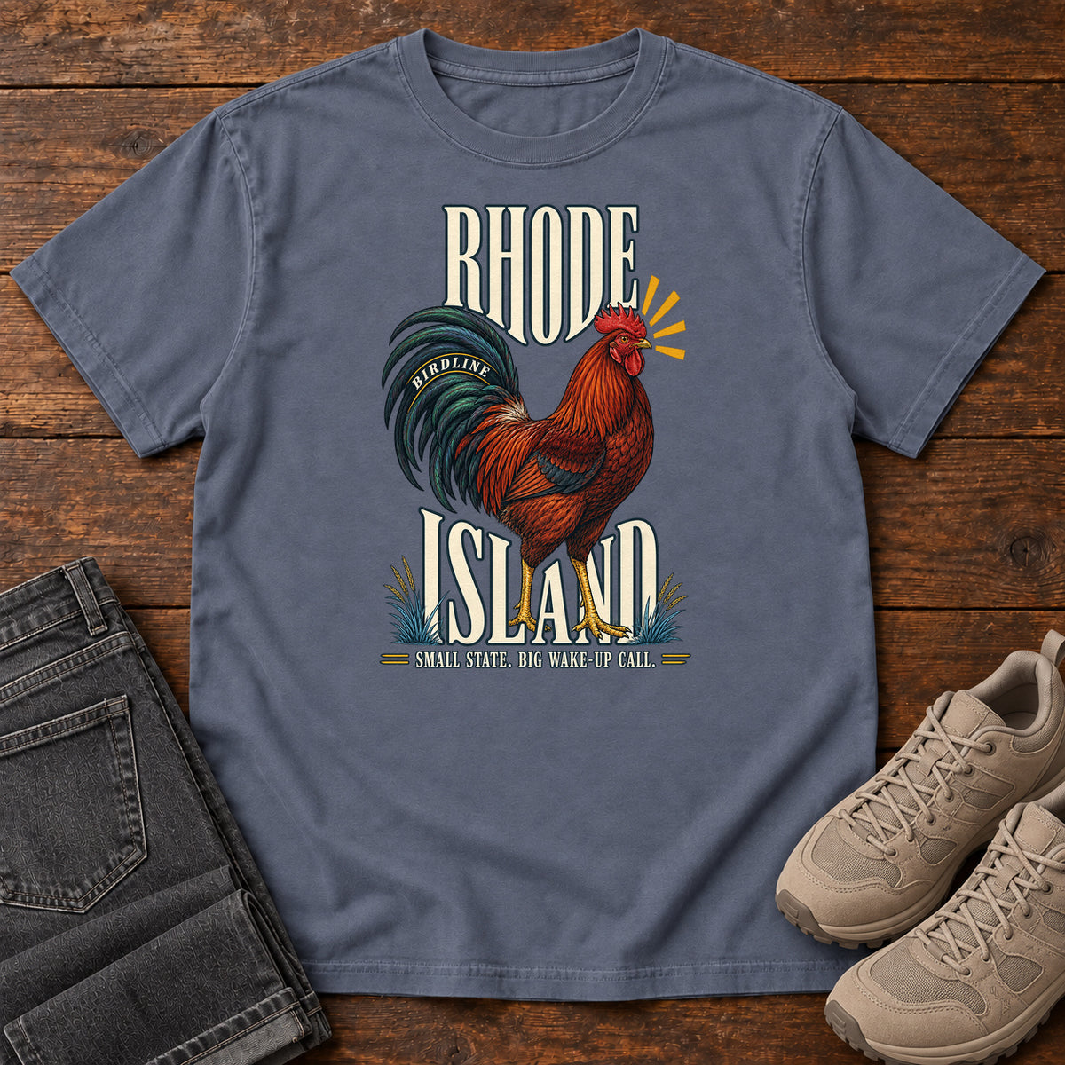 Rhode Island Small State Big Wake Up Call Rooster T-Shirt in Denim