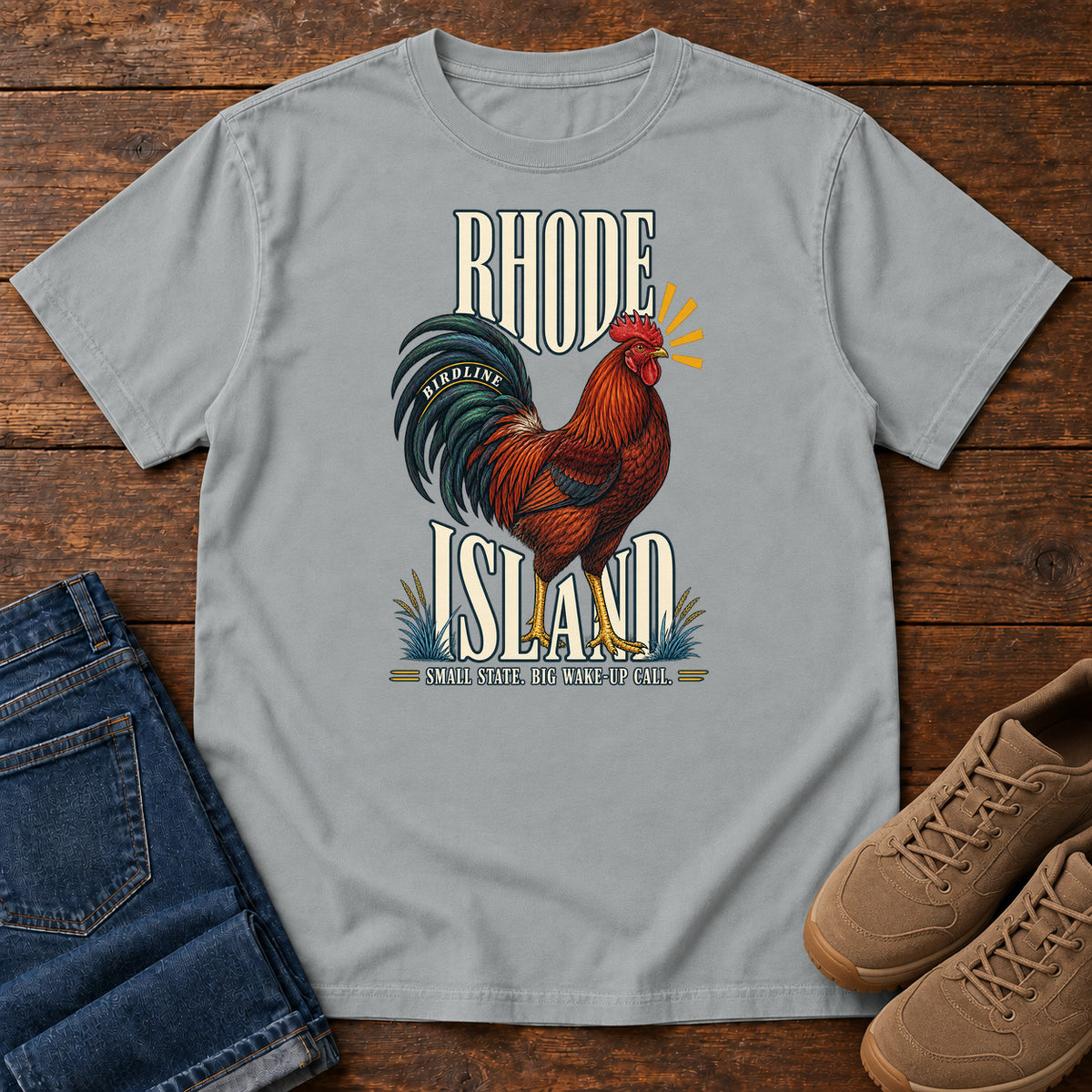 Rhode Island Small State Big Wake Up Call Rooster T-Shirt in Granite