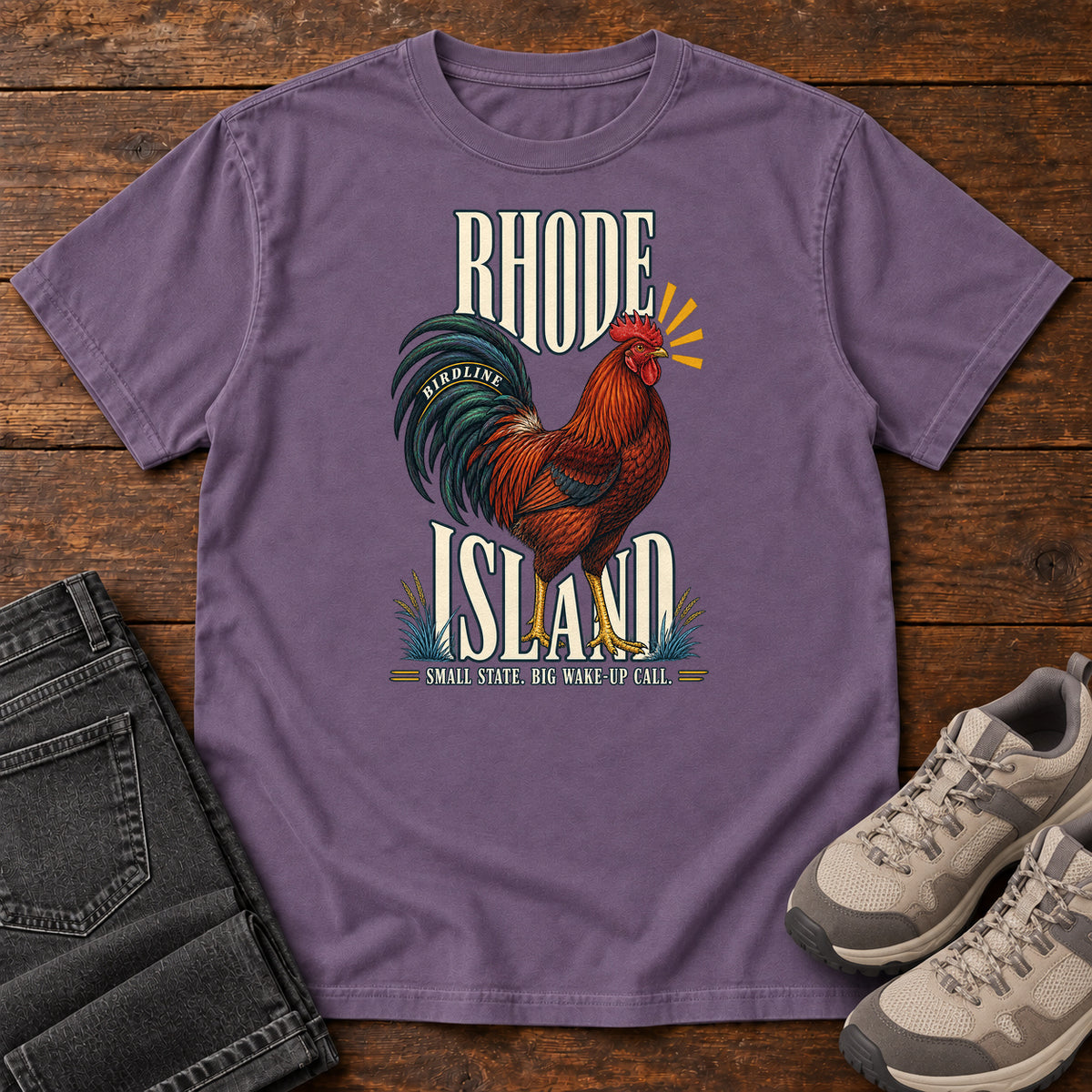 Rhode Island Small State Big Wake Up Call Rooster T-Shirt in Grape
