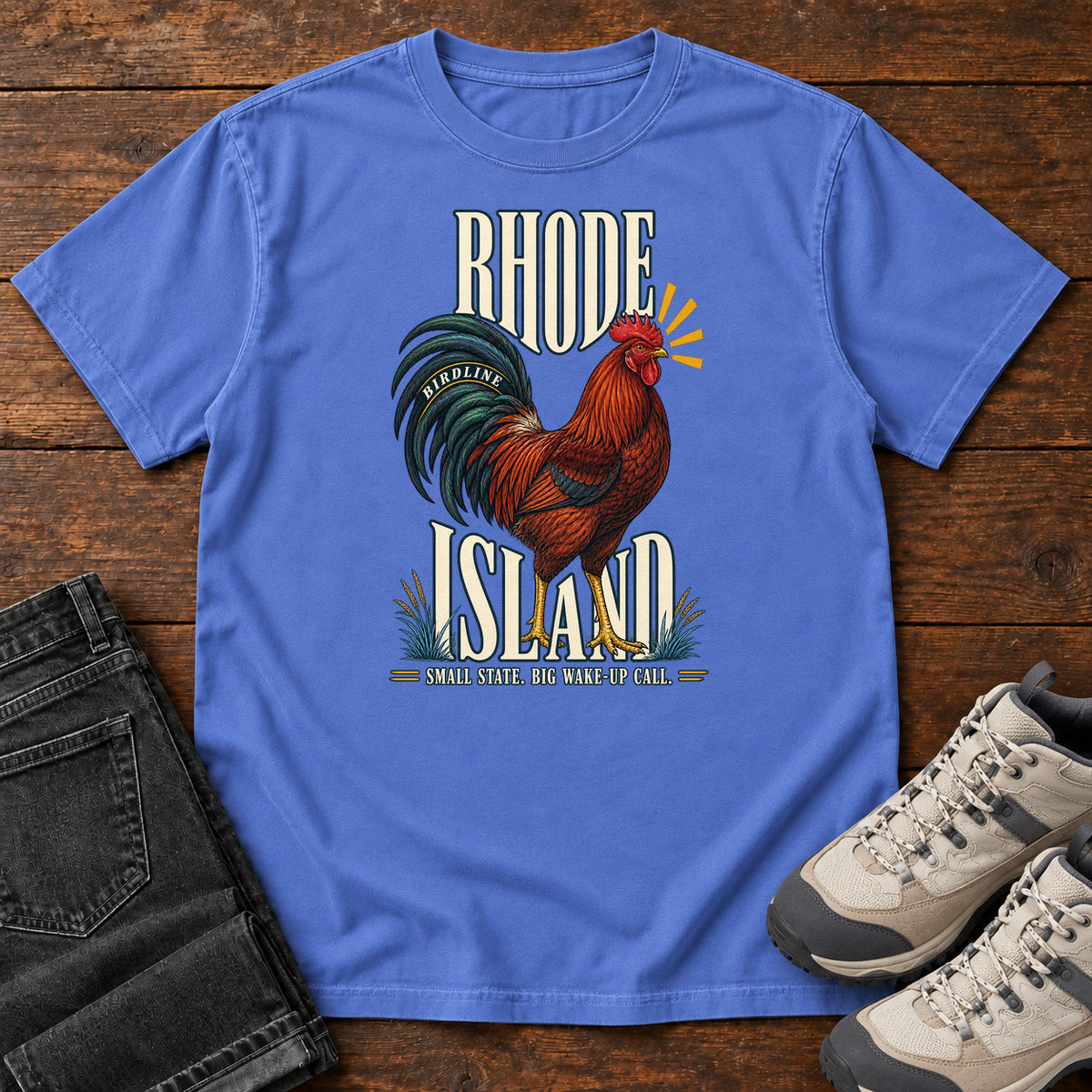 Rhode Island Small State Big Wake Up Call Rooster T-Shirt in Mystic Blue
